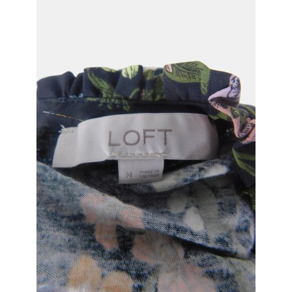 LOFT Medium Navy Floral Ruffle Mock Neck Blouse Cottagecore - Picture 10 of 11